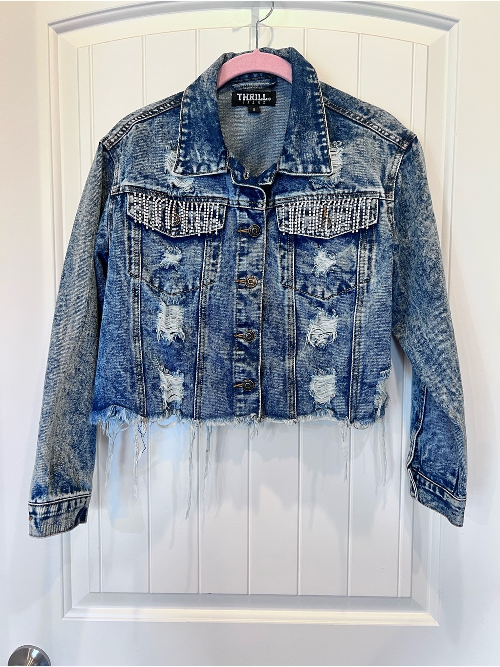 Distressed Acid Wash Frayed Denim Cropped Jacket Rhinestone Flap Pockets Small - Picture 5 of 9